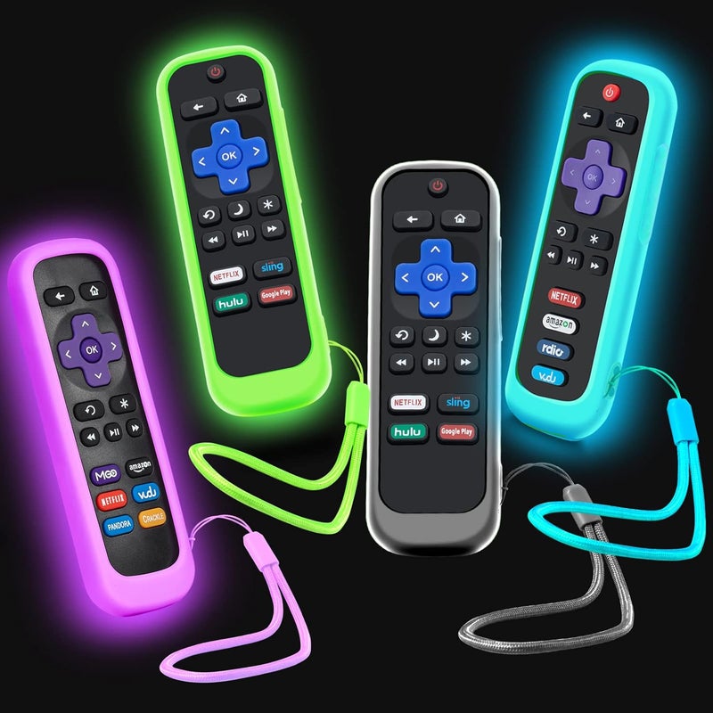 Silicloak حافظة 4 عبوات لجهاز التحكم عن بُعد Roku، غطاء لجهاز Hisense/TCL Roku TV Steaming Stick/Express بديل عالمي لجهاز التحكم غلاف سيليكون يتوهج في الظلام أخضر سماء بنفسجي أسود - Image 1